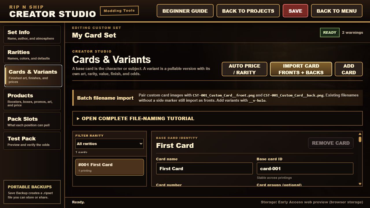Cards and Variants screen