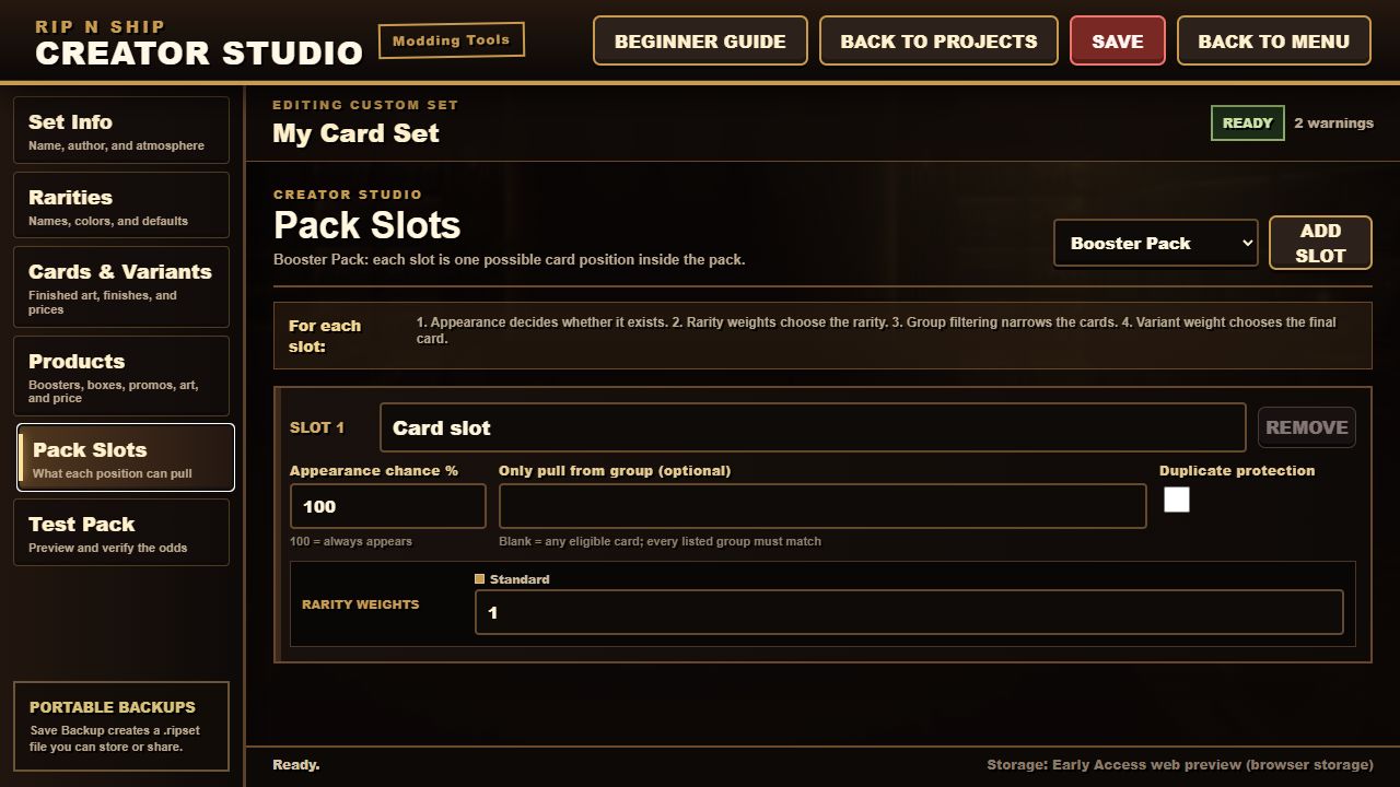 Pack Slots editor showing appearance chance, rarity weights, filters, and duplicate protection
