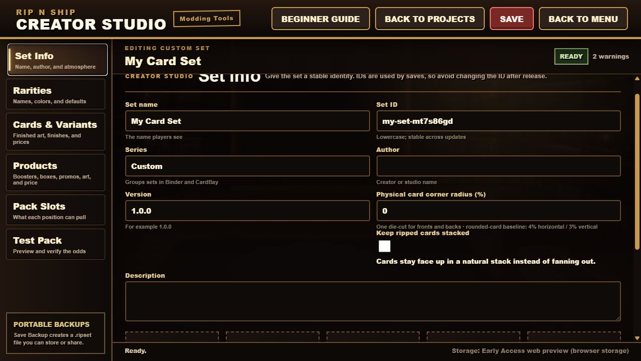 Set Info screen