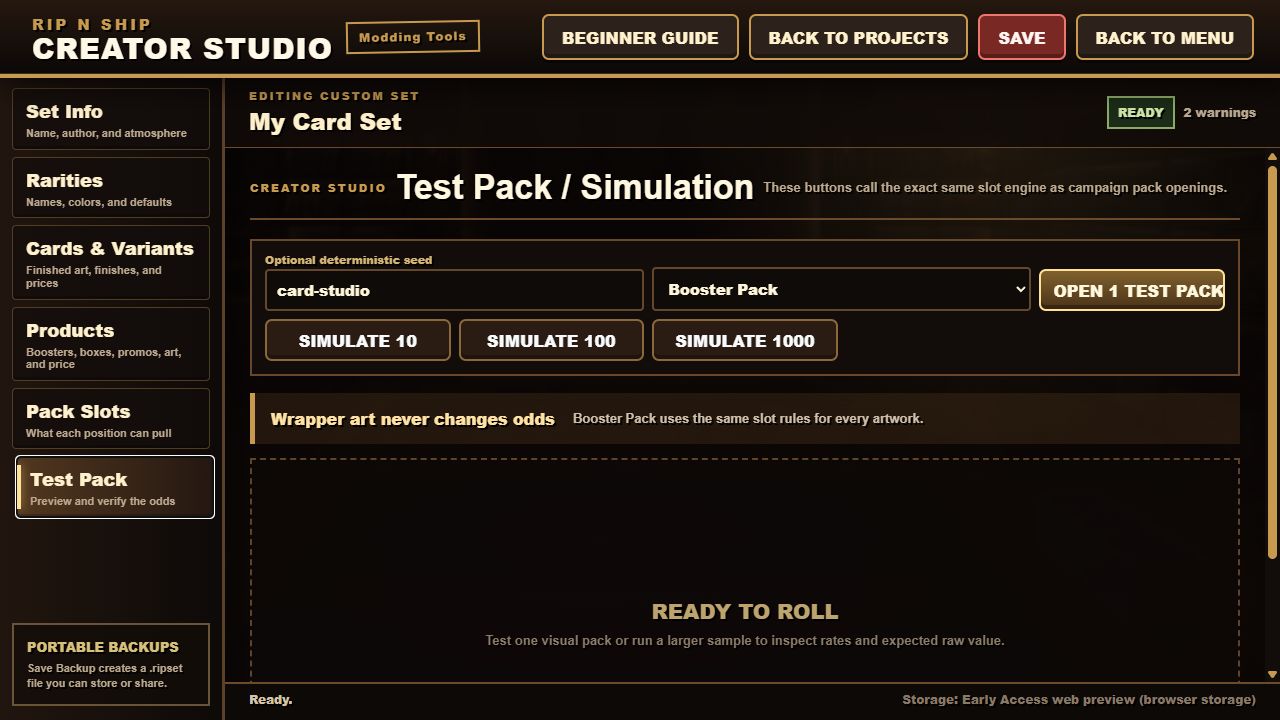 Test Pack screen with simulation controls and validation results